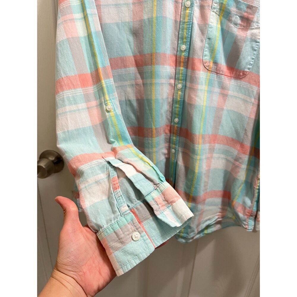 Lands' End Linen Blend Long Sleeve Button-up Plaid Shirt Size Large/T Pastel - Picture 5 of 6